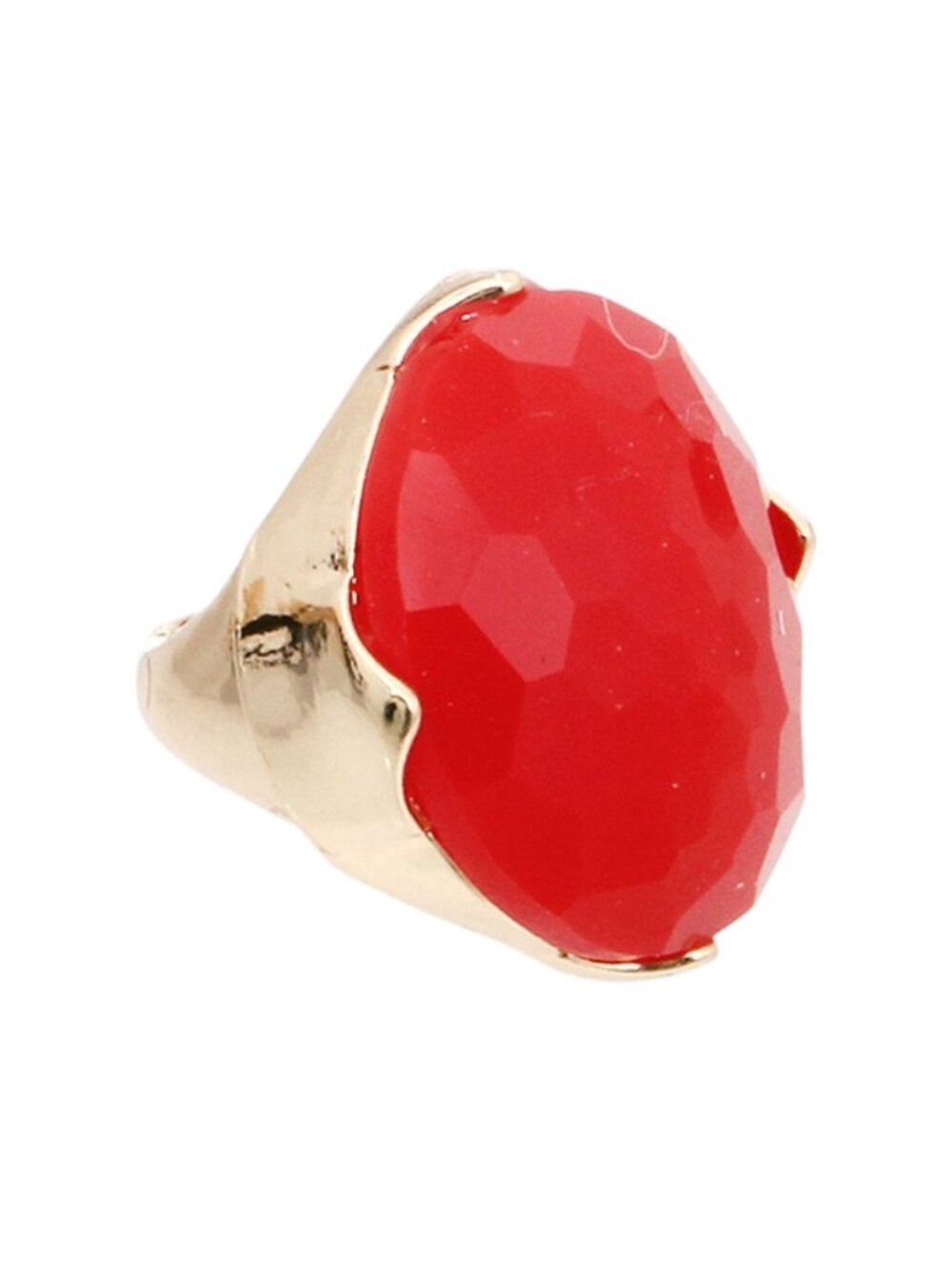 Red Goldtone Metal Large Bead Stones Stretch Ring